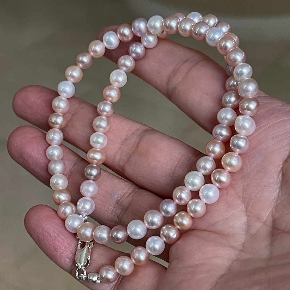 High quality cultured freshwater 6mm pearl solid 925 silver 17 inch necklace